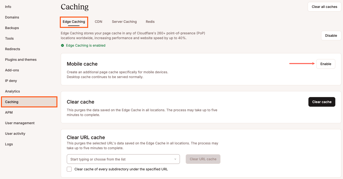 Screenshot: Enabling Edge Caching for mobile devices.