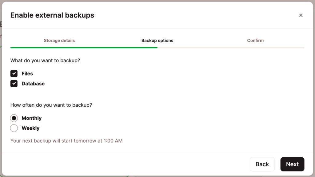 Specify backup type and frequency for your external backups.