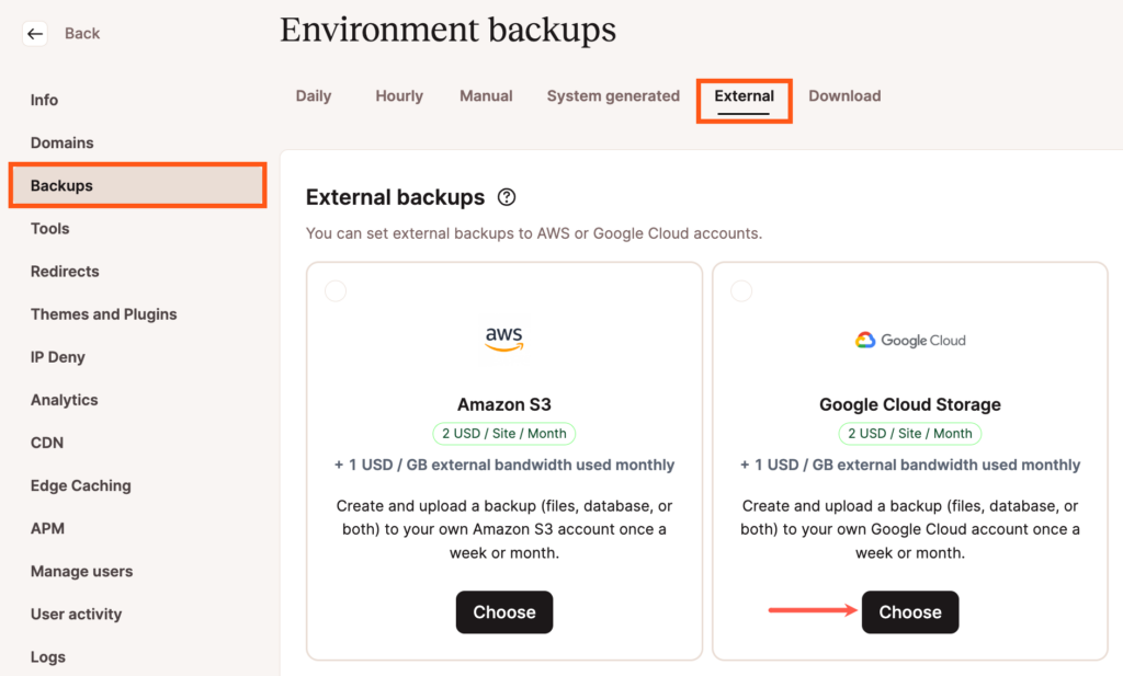 Select the Google Cloud Storage option for external backups.