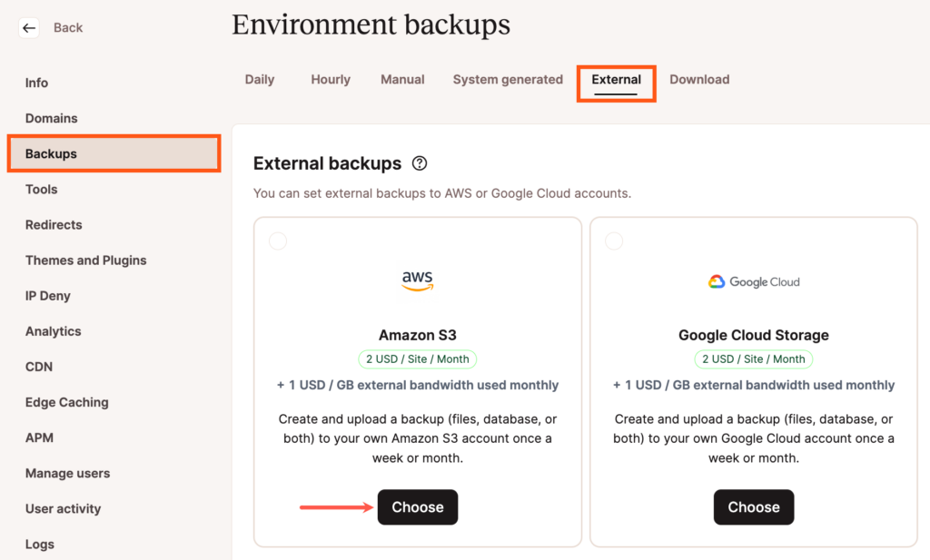 Select the Amazon S3 option for external backups.