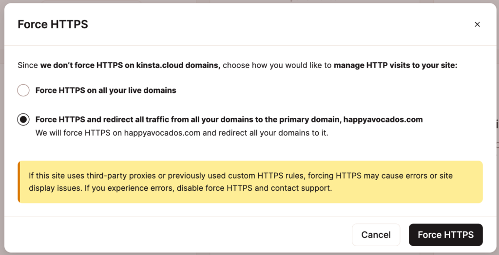Choose how you would like to handle HTTP visits and confirm enabling Force HTTPS.