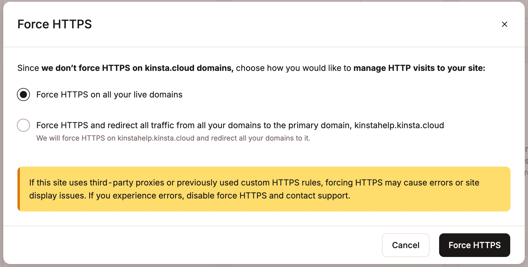 A screenshot showing the dialog for enabling forced HTTPS in MyKinsta.