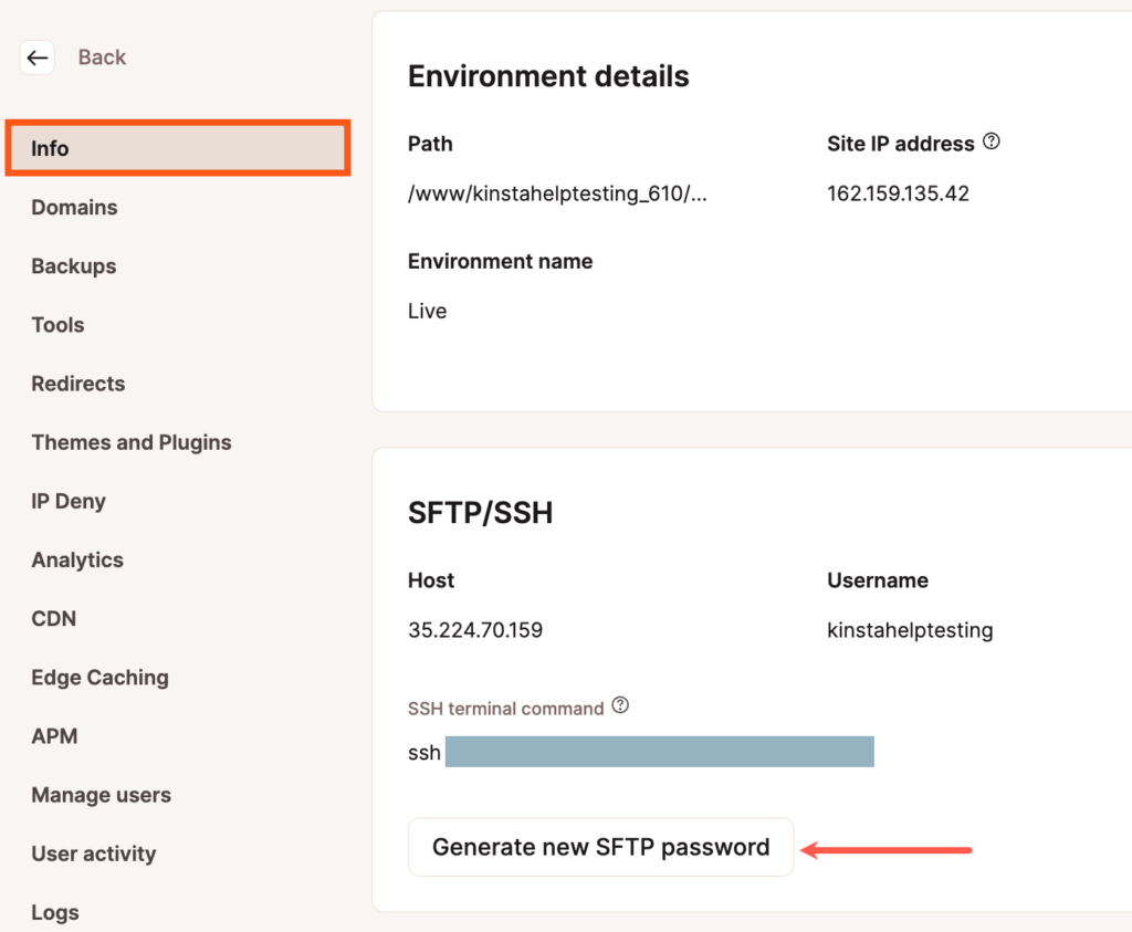 Change SFTP password in MyKinsta.