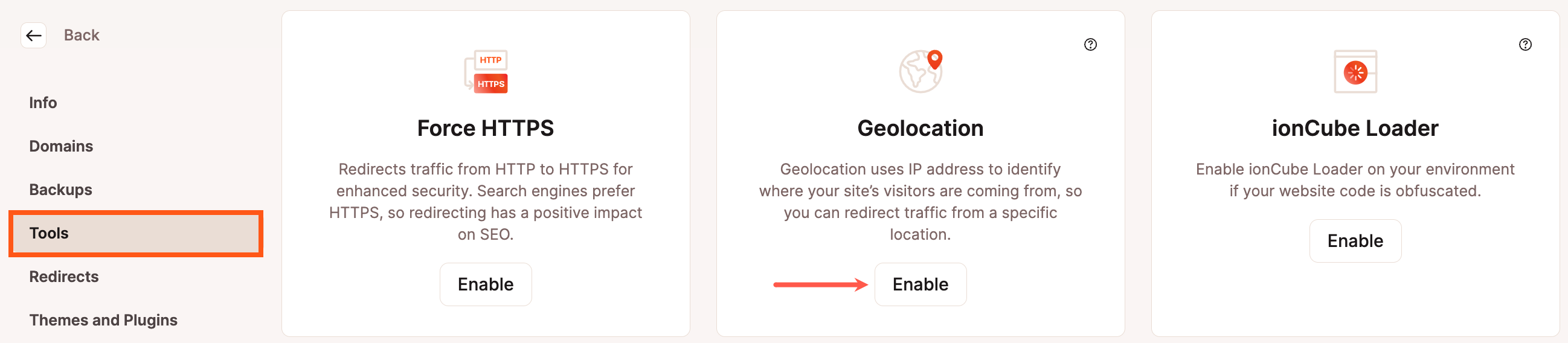 Geolocation can be enabled in the Tools section of MyKinsta.
