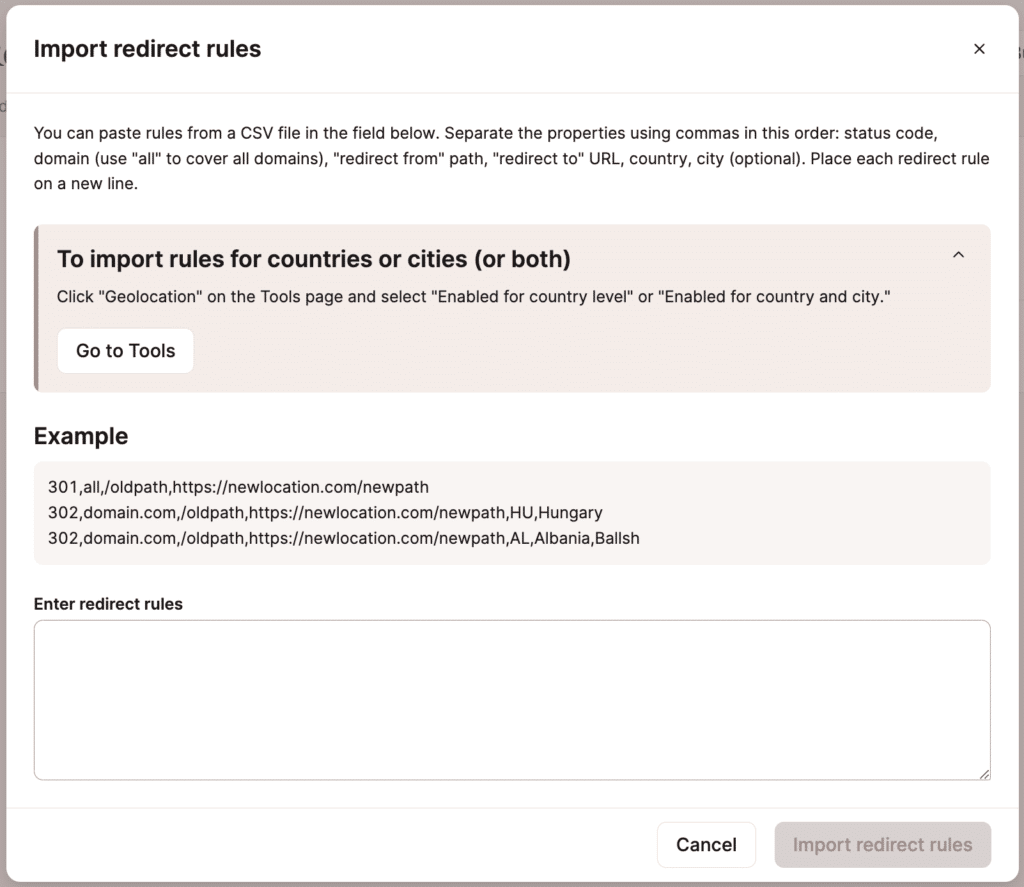 Paste and import redirect rules in bulk.