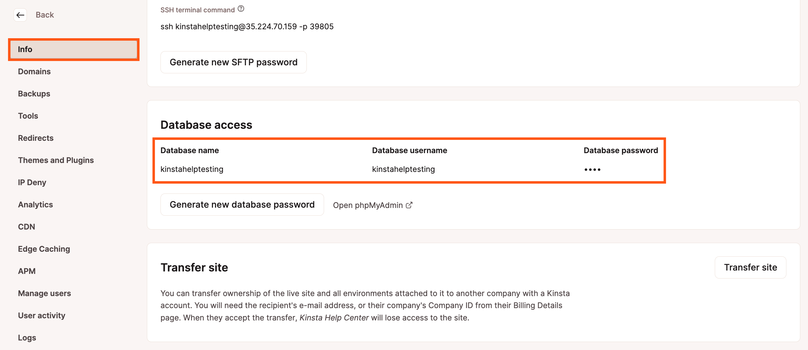 Database access credentials in MyKinsta.