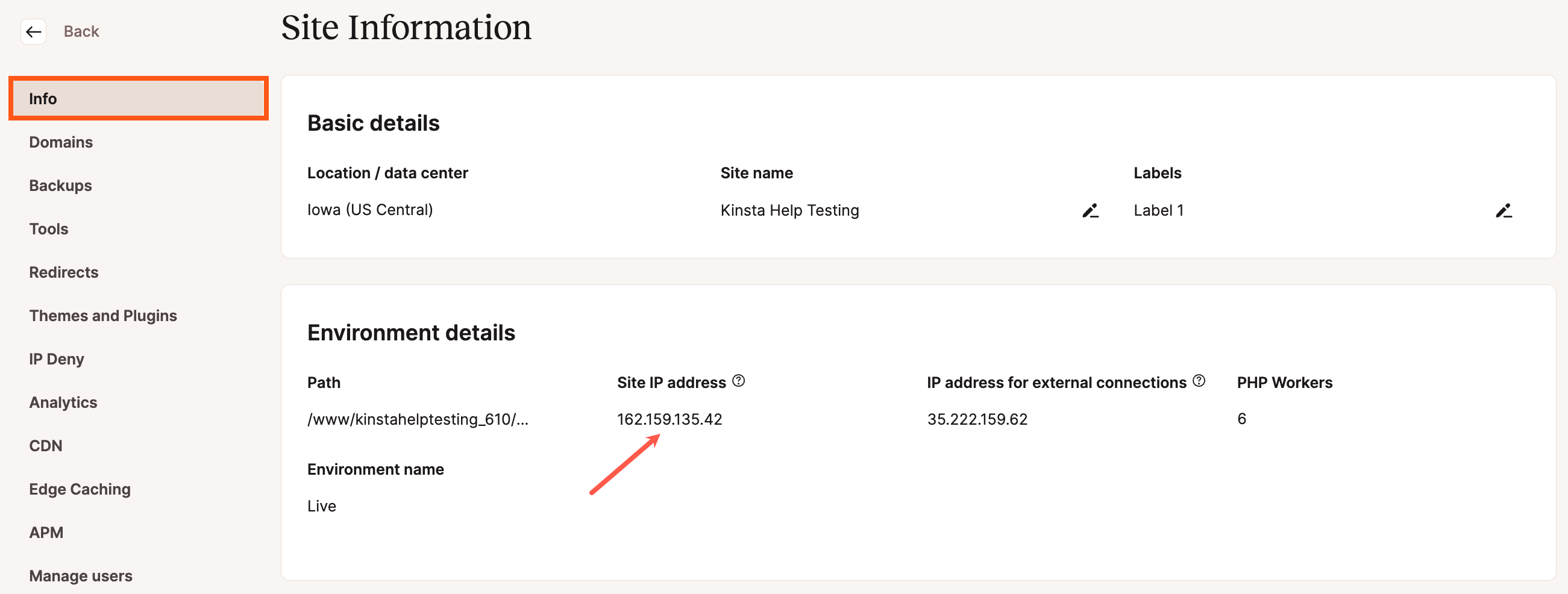 Site IP Address in MyKinsta.