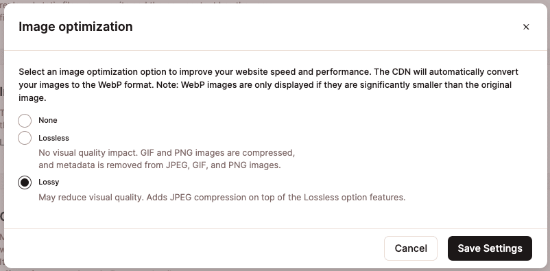 Screenshot showing selection of optimized image formats in MyKinsta.