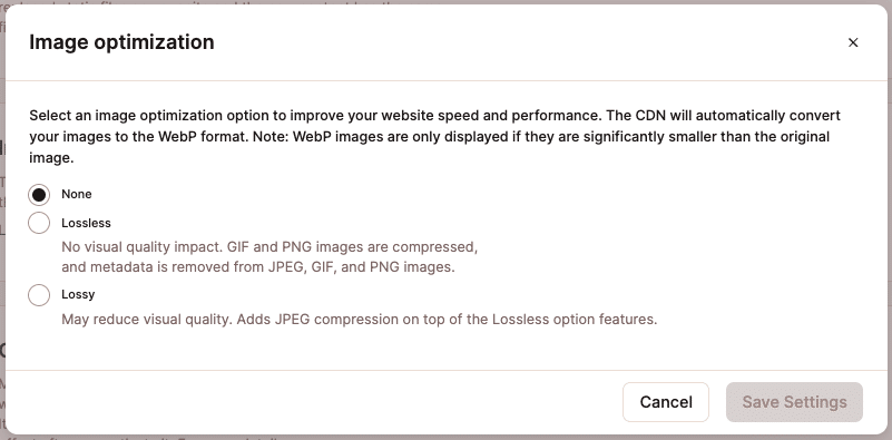 Available image optimization options within MyKinsta’s CDN settings.