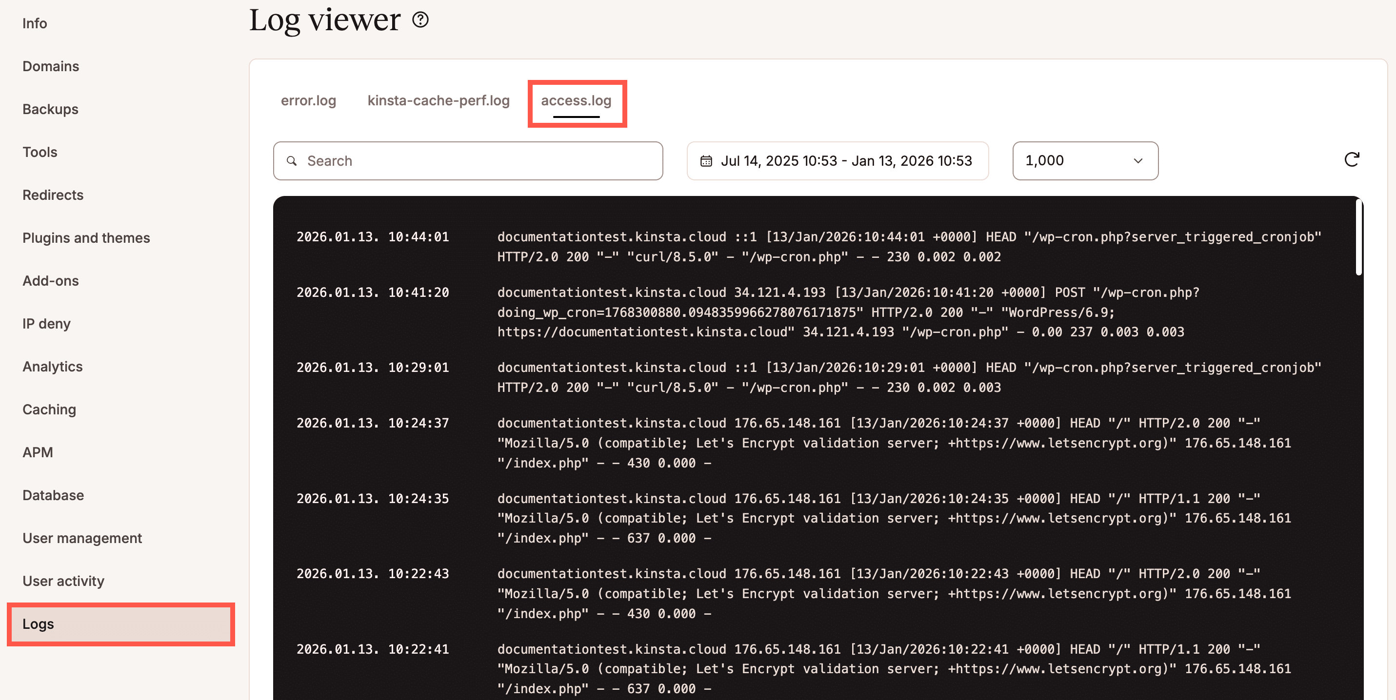 access.log file in the MyKinsta Log viewer.