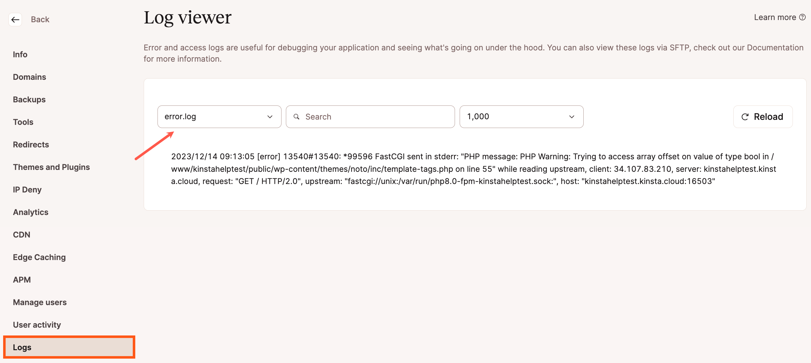 Troubleshooting Server Logs Kinsta Docs