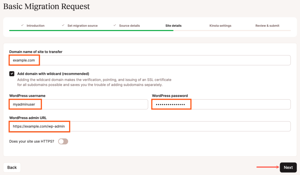 Complete the site details in your basic migration request.