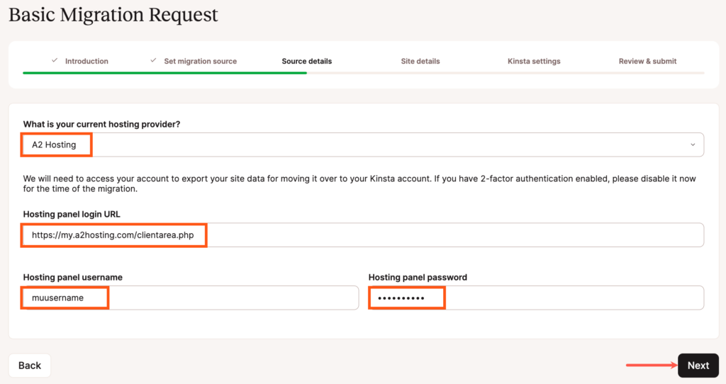 Add your source details to your basic migration request.