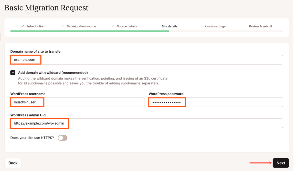 Complete the site details in your basic migration request.