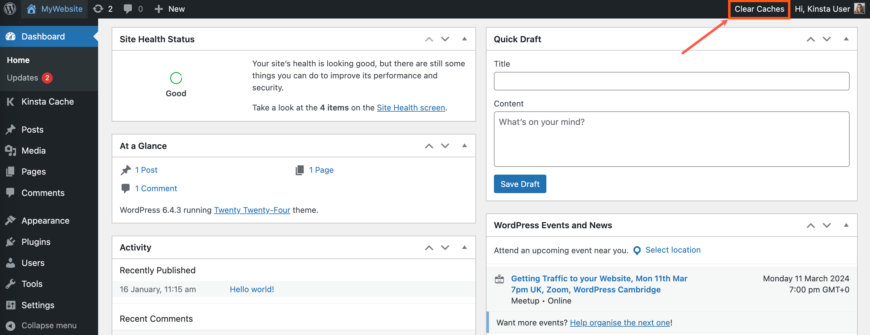 Screenshot of the WordPress admin dashboard with the Clear Caches menu entry highlighted.