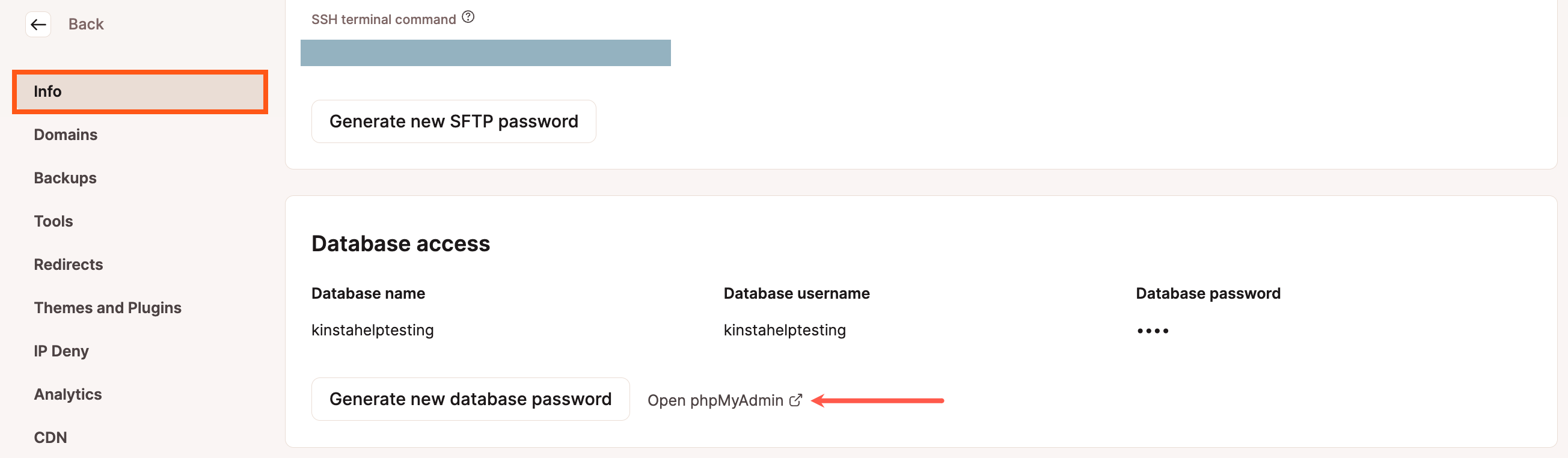 Screenshot of the phpMyAdmin settings within MyKinsta.