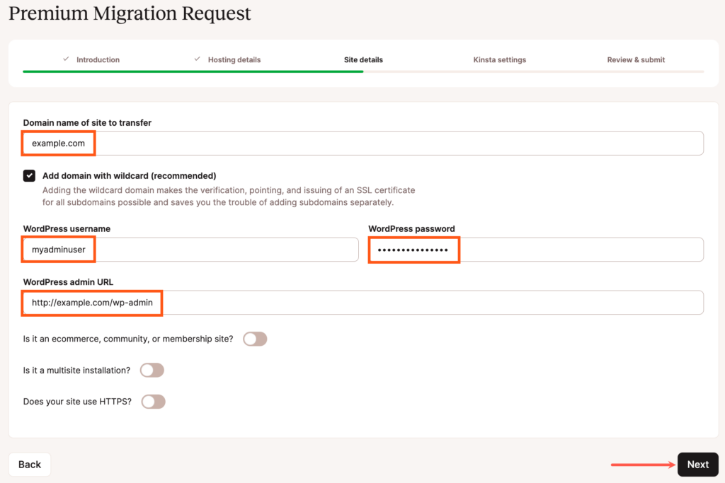 Add your WordPress site details to your premium migration request.