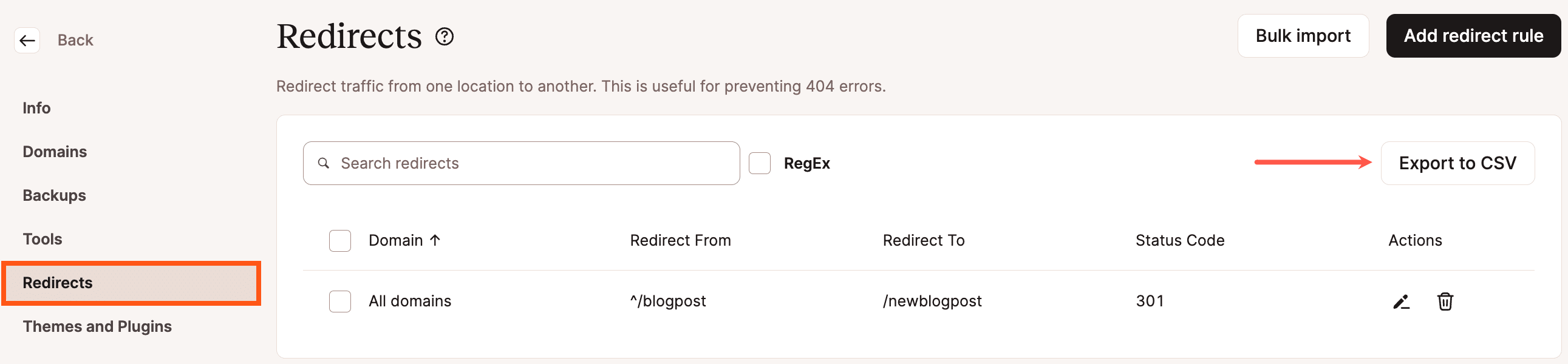 Export redirects to CSV from MyKinsta.