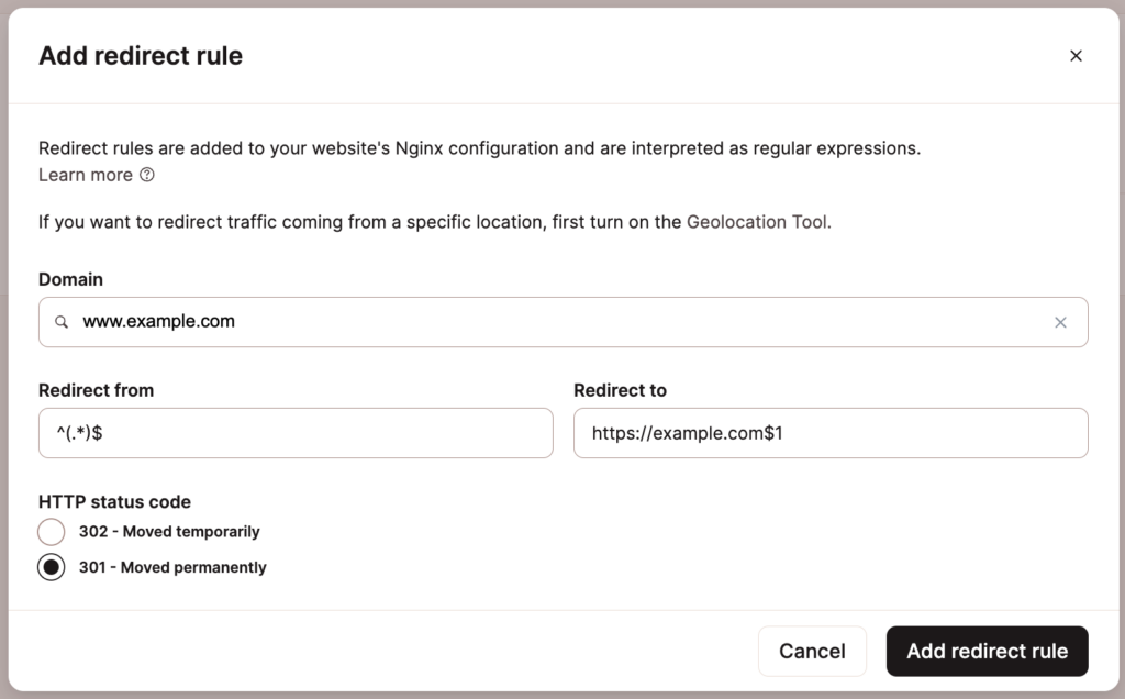 Redirect www-verkeer naar niet-www met een 301 redirect in MyKinsta.