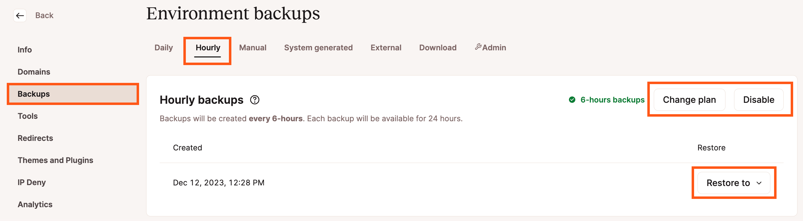 Hourly backups enabled in MyKinsta.
