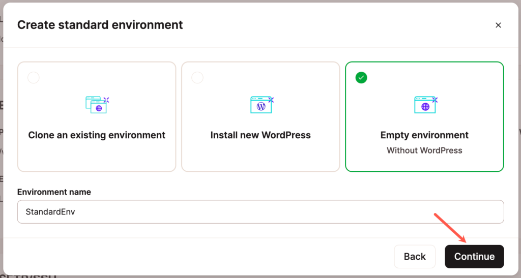 Create an empty new environment with no WordPress.