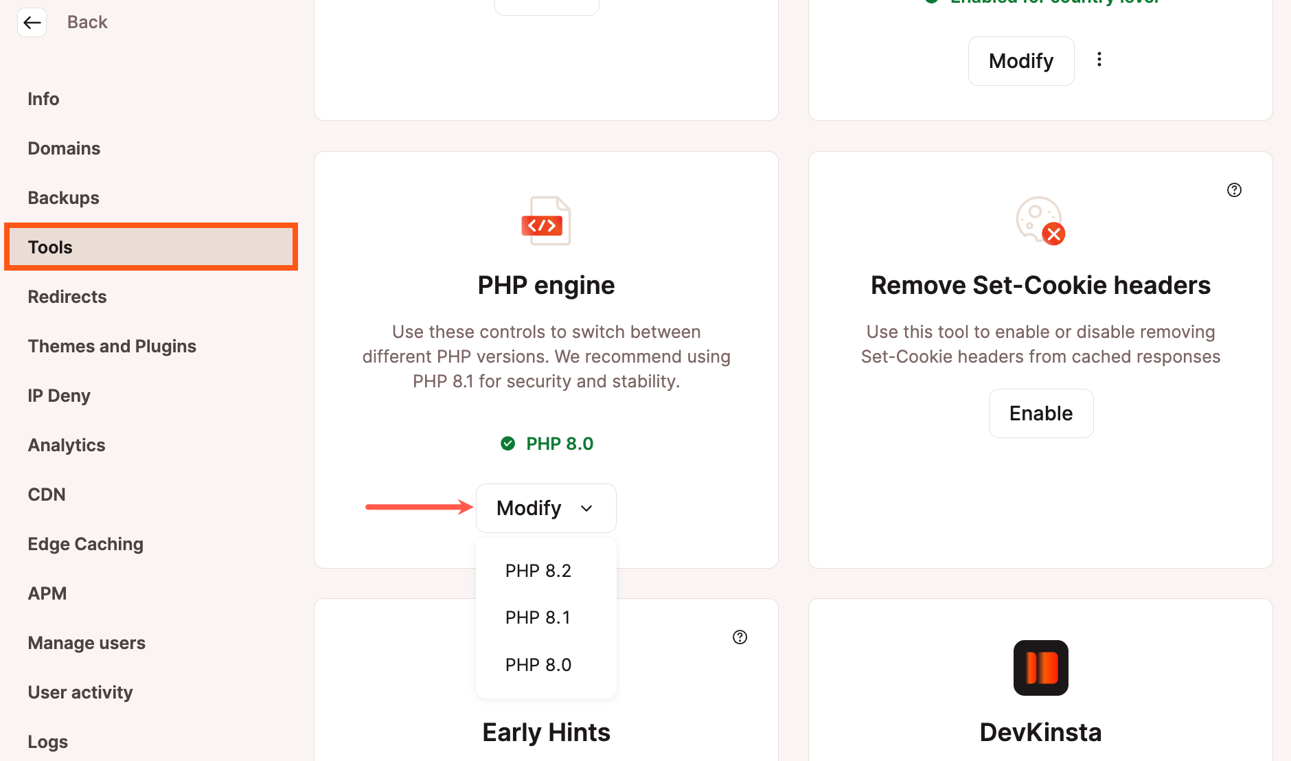 Screenshot showing the PHP Engine tool in MyKinsta.