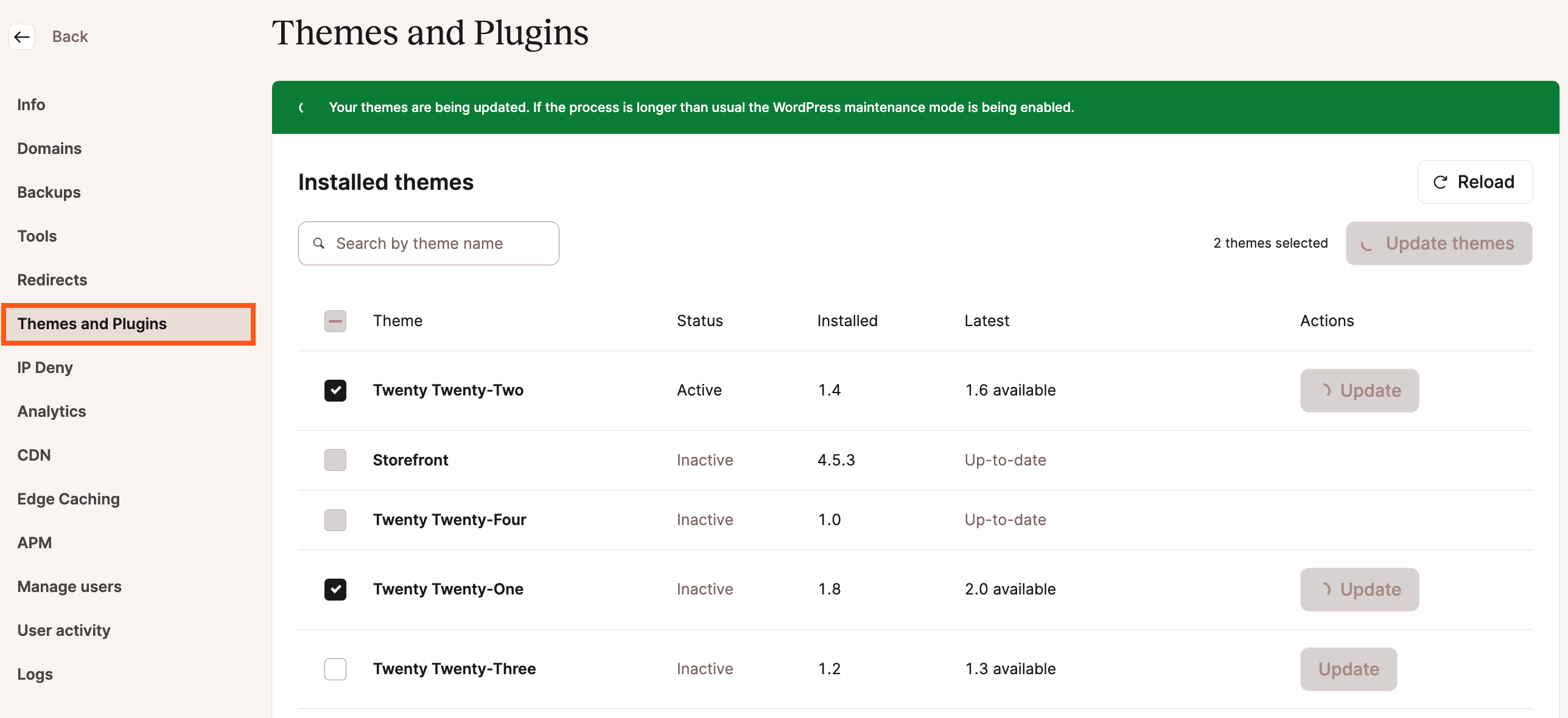 The Themes and Plugins page in MyKinsta is disabled while updating.