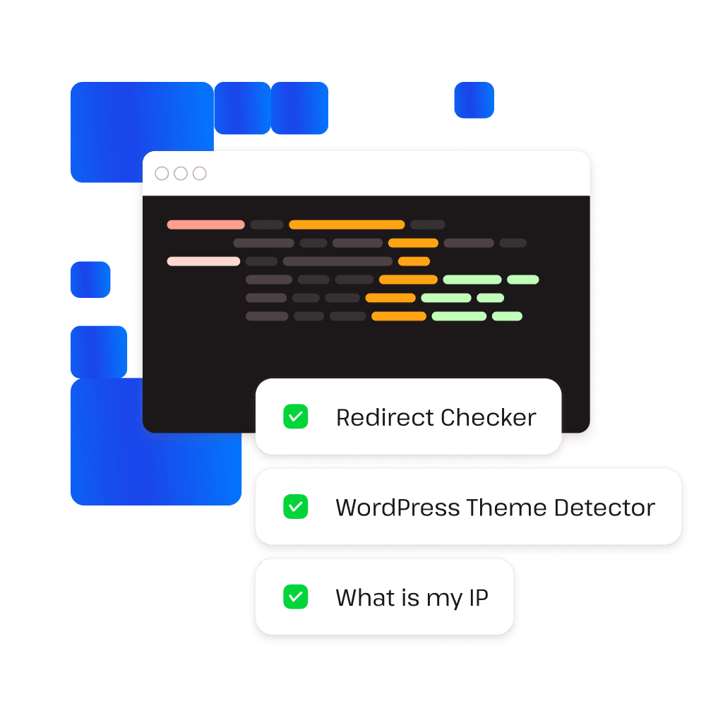 Esempi di strumenti per sviluppatori di WordPress come: Redirect checker, WordPress Theme Detector e What is my IP