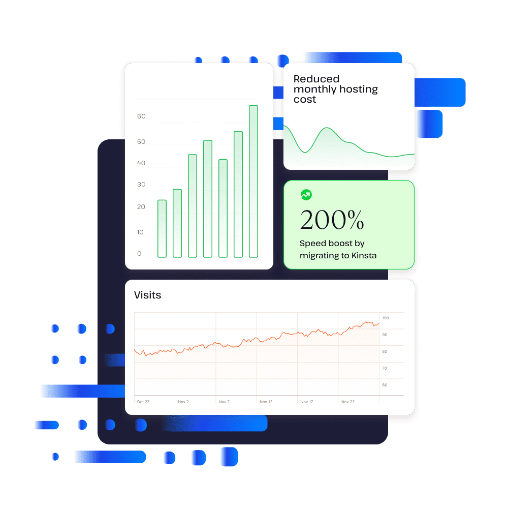 Beispiele für Einsparungen durch den Wechsel zu Kinsta, einschließlich reduzierter monatlicher Hosting-Kosten und einer 200%igen Geschwindigkeitssteigerung