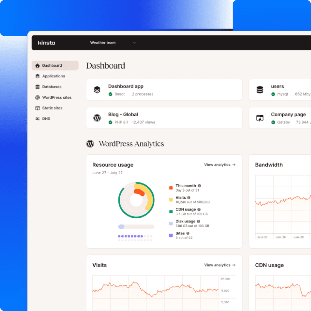 Schermata della dashboard di MyKinsta