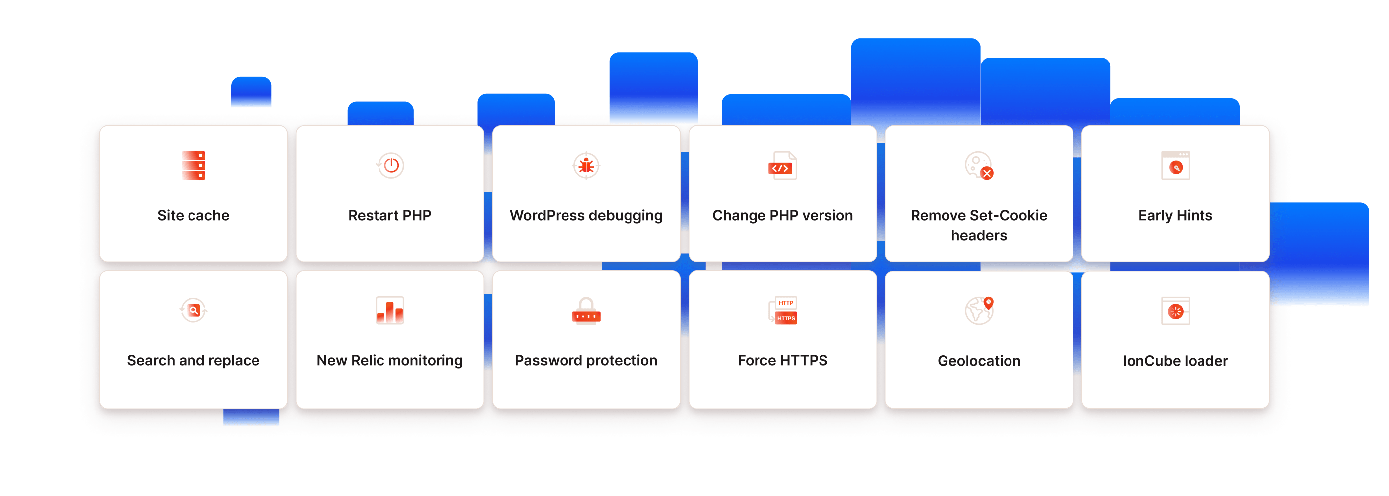 Lijst met WordPress tools: Site cache, PHP herstarten, WordPress debugging, PHP versie wijzigen, Set-Cookie headers verwijderen, Early Hints, Zoeken en vervangen, New Relic monitoring, Wachtwoordbeveiliging, HTTPS forceren, Geolocatie en IonCube loader