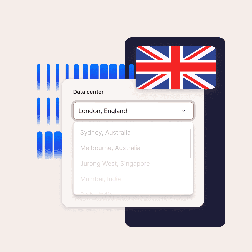 Screenshot of selecting the London, England datacenter in MyKinsta