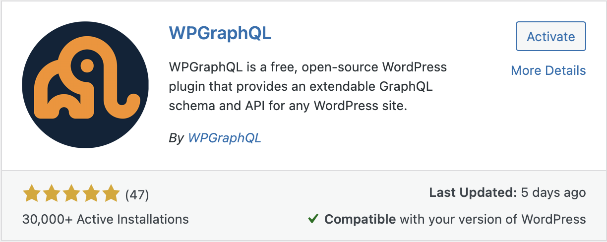 Il plugin WpGraphQL nella directory dei plugin di WP.