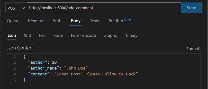 JSON-Body einer POST-Anfrage an den Endpunkt /add-comment, der Kommentare mit "Follow me" ausschließt