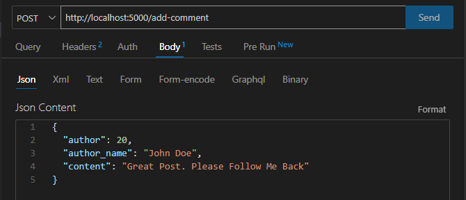 JSON body van een POST request naar /add-comment endpoint met uitsluiting van comments met "Follow me"