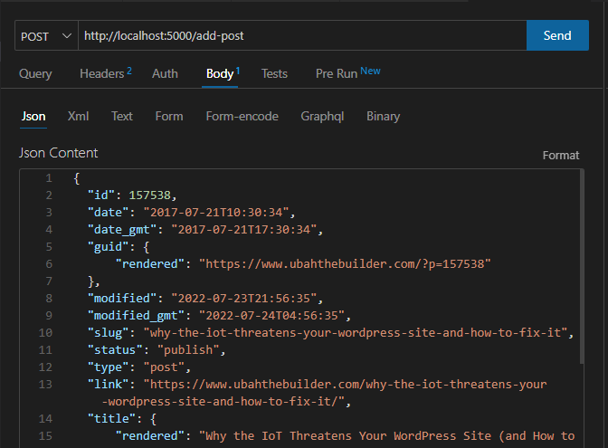 Corpo JSON de uma solicitação POST para o endpoint /add-post.