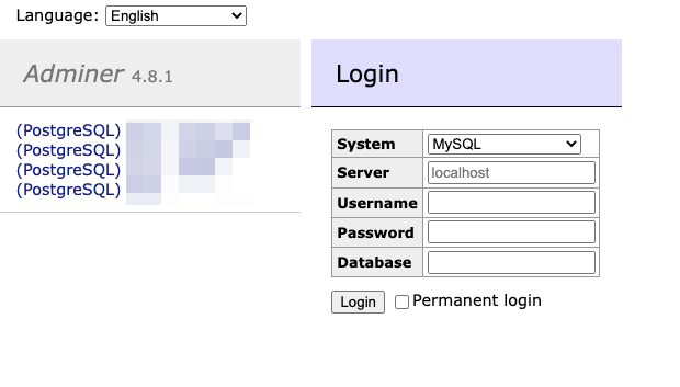 UI da página inicial do Adminer.