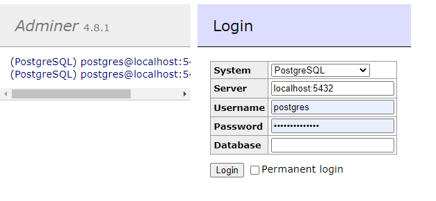 Você verá a página de login do Adminer.