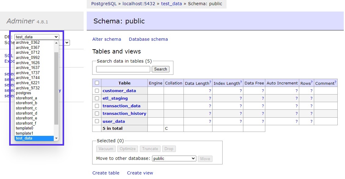 Dropdown showing available databases