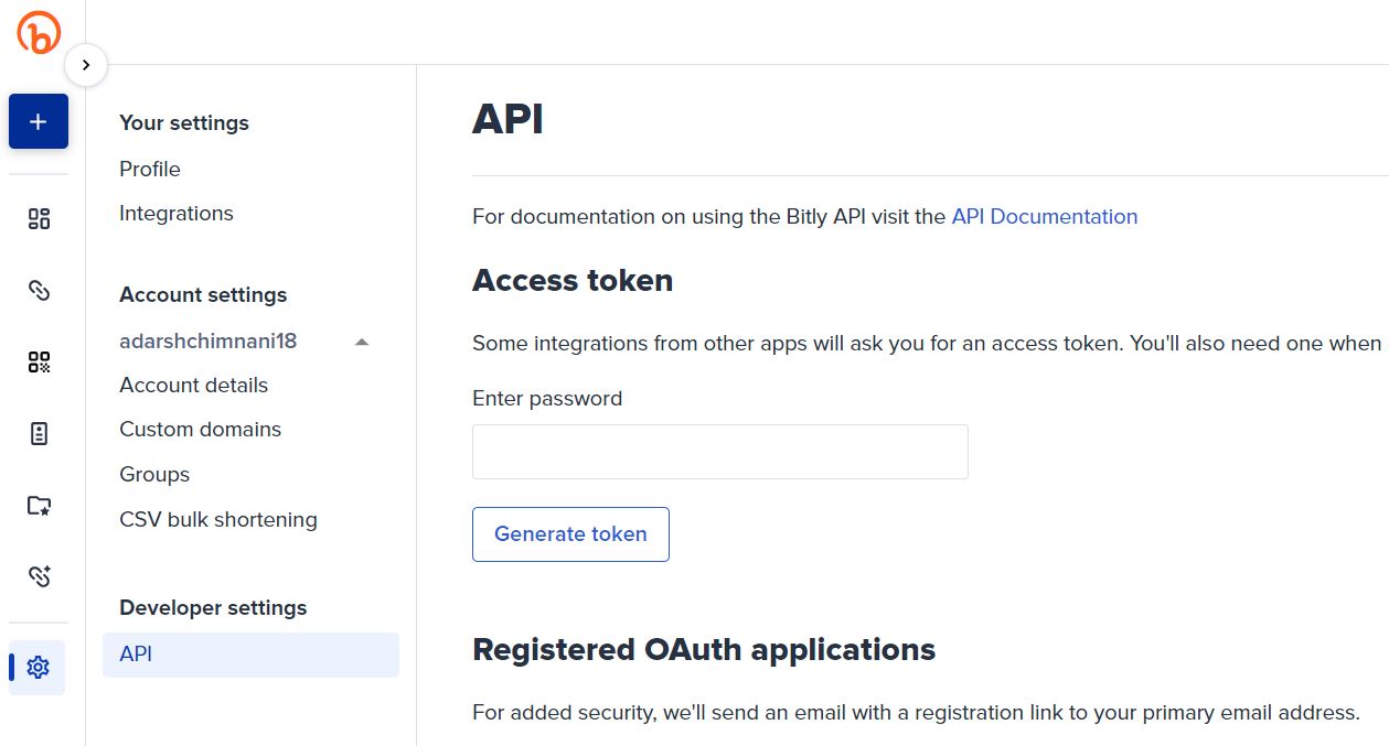 Captura de pantalla de la generación del token de acceso para la API de Bitly