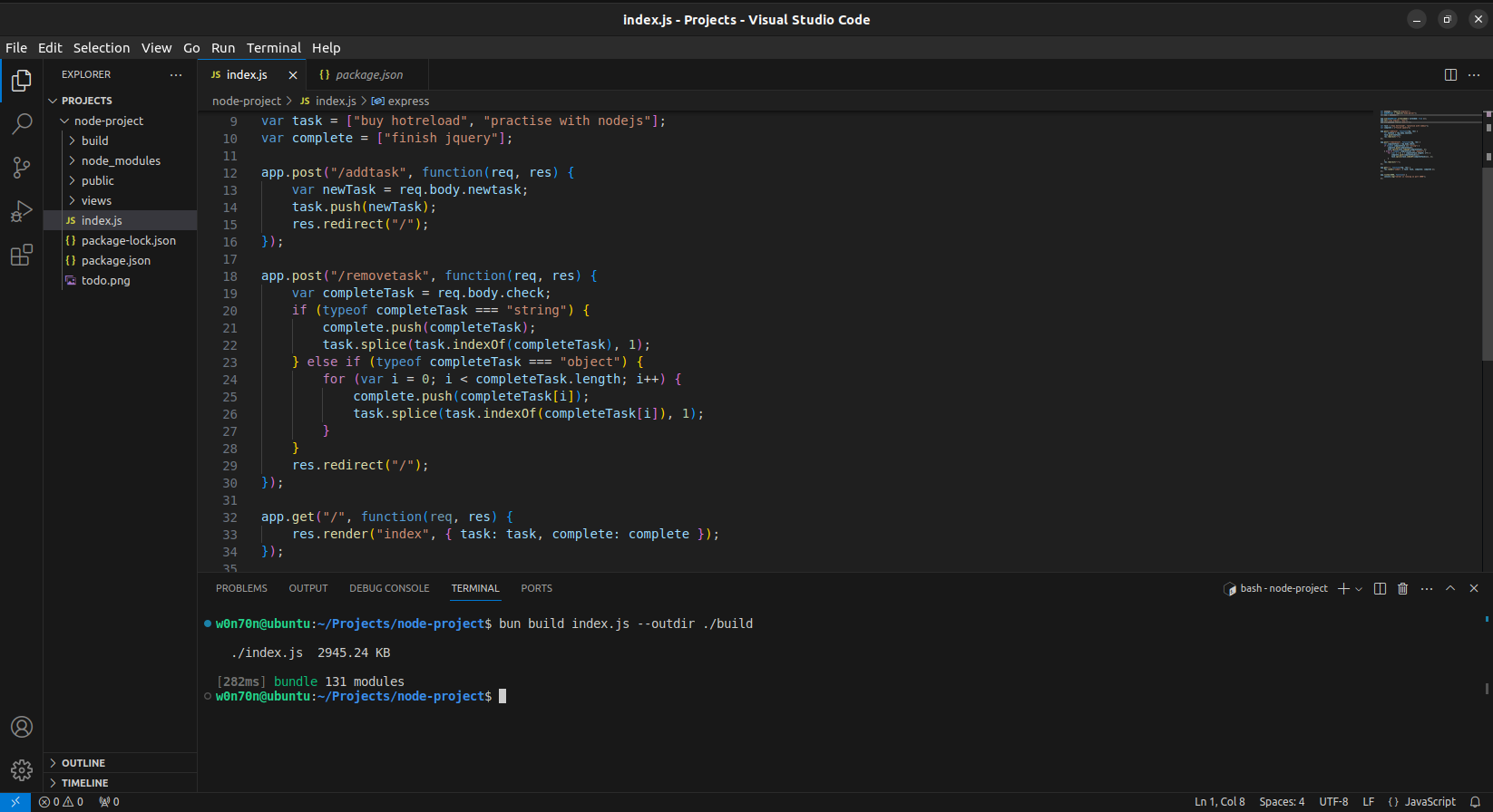 Código y terminal donde se ha ejecutado el comando de compilación