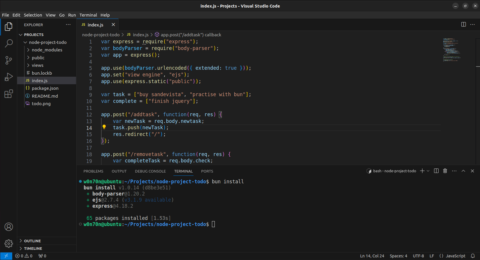 Visual Studio Code mostra l'installazione delle dipendenze