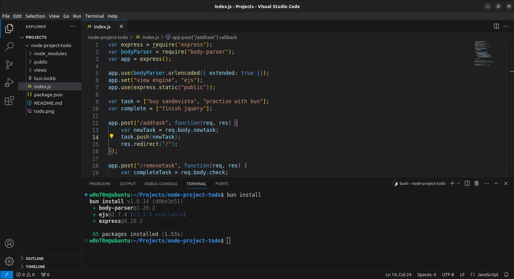 Visual Studio Code toont de installatie van dependencies