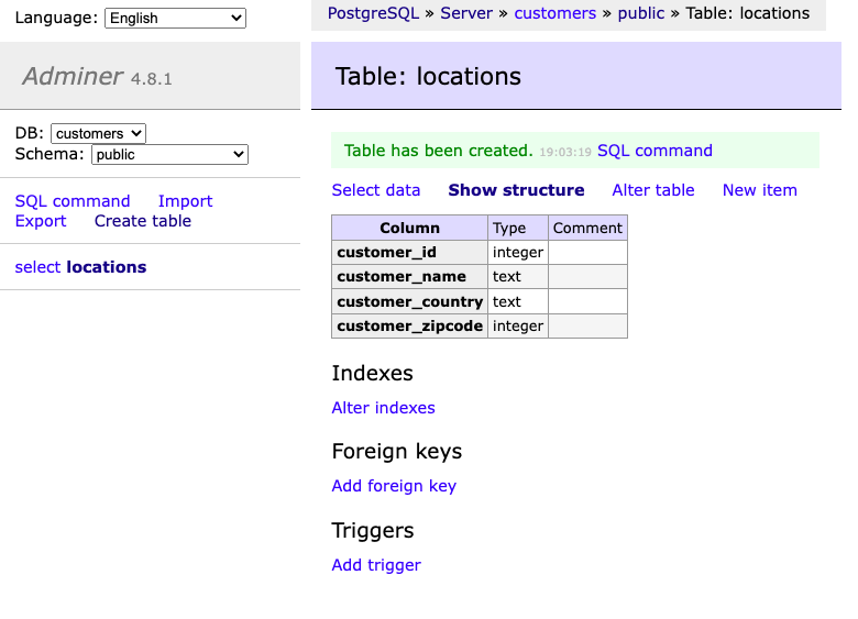 Confirmation message for creating a table