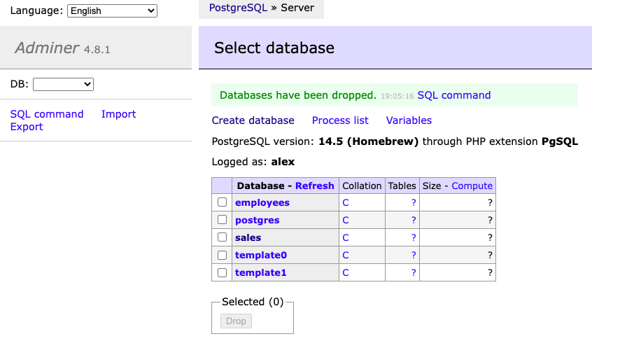 Mensaje de confirmación al eliminar una base de datos.