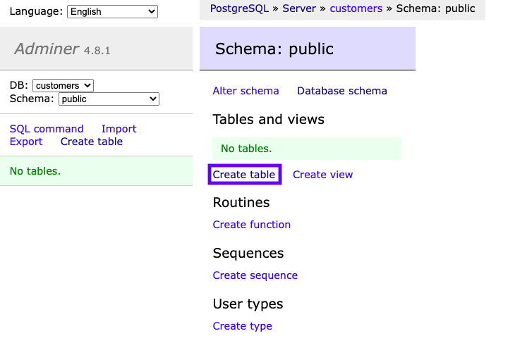 Creating a table in a database with Adminer