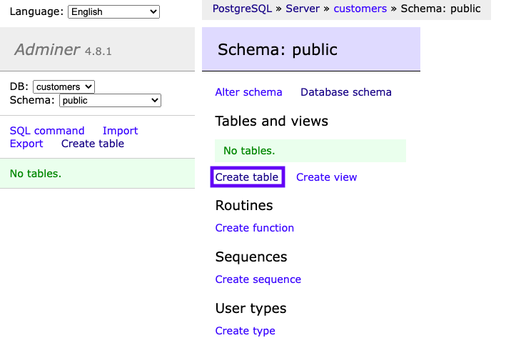 Crear una tabla en una base de datos con Adminer.