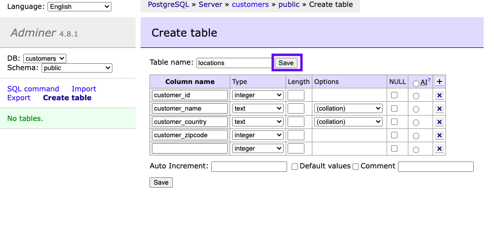 Il passo finale per creare una tabella in un database.