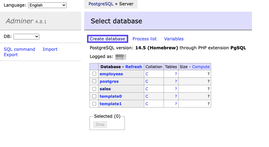 Creare un nuovo database con Adminer.