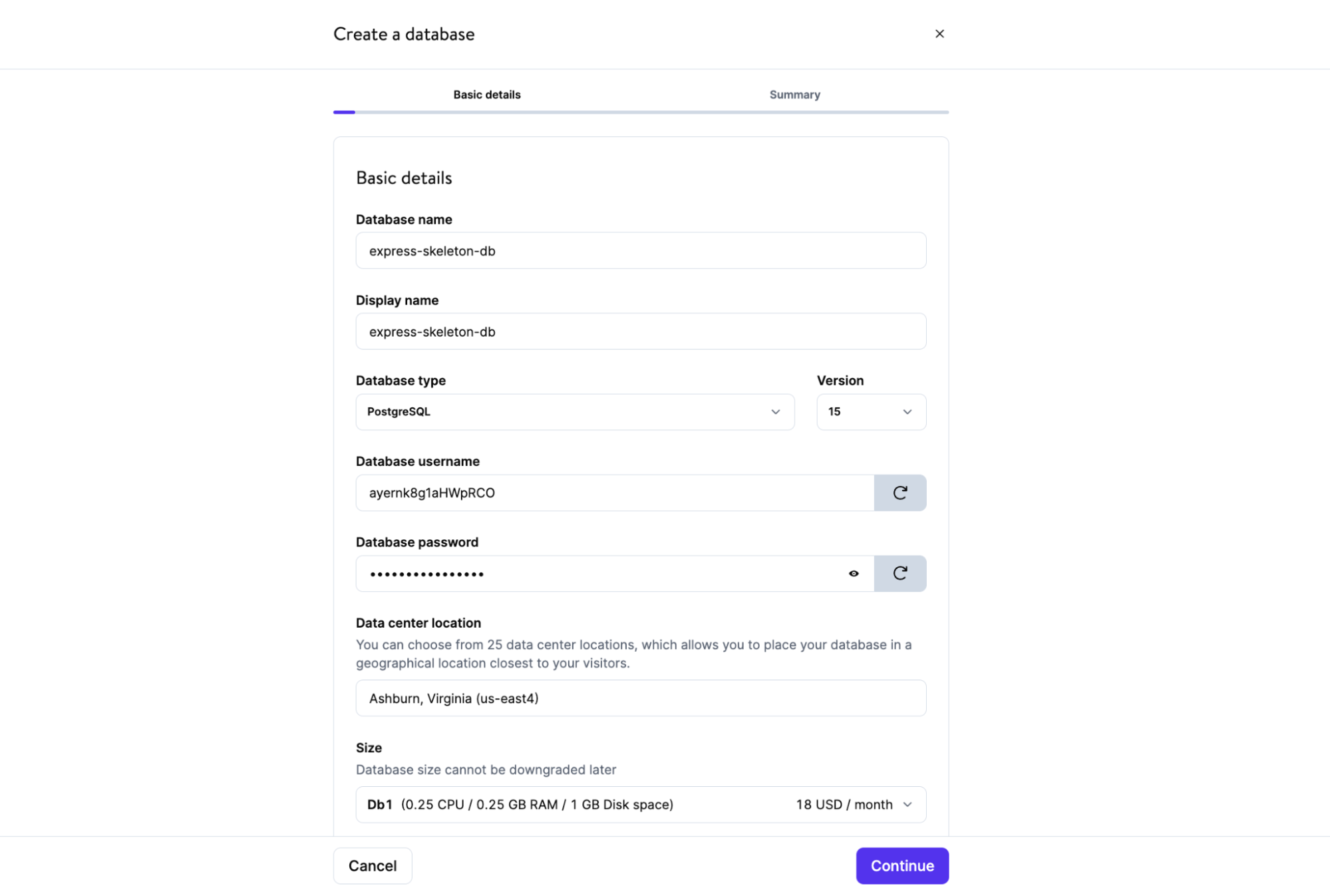 The MyKinsta database configuration step of adding a new database